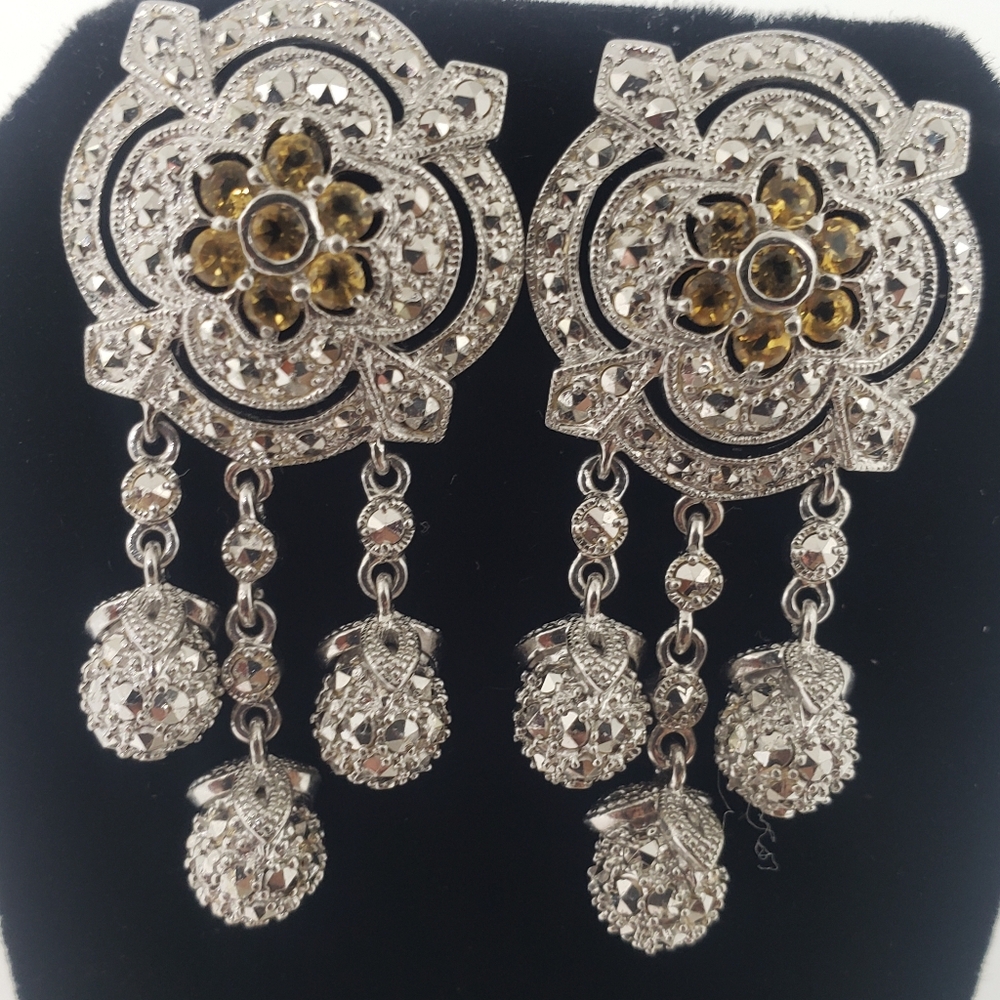 Dallas Prince Citrine & Chrome Marcasite Chandelier Earrings in Sterling Silver